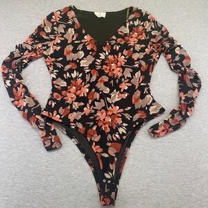 Ember Whimsigoth Bodysuit Women M Floral Ruched Long Sleeve V-Neck Snap Closure